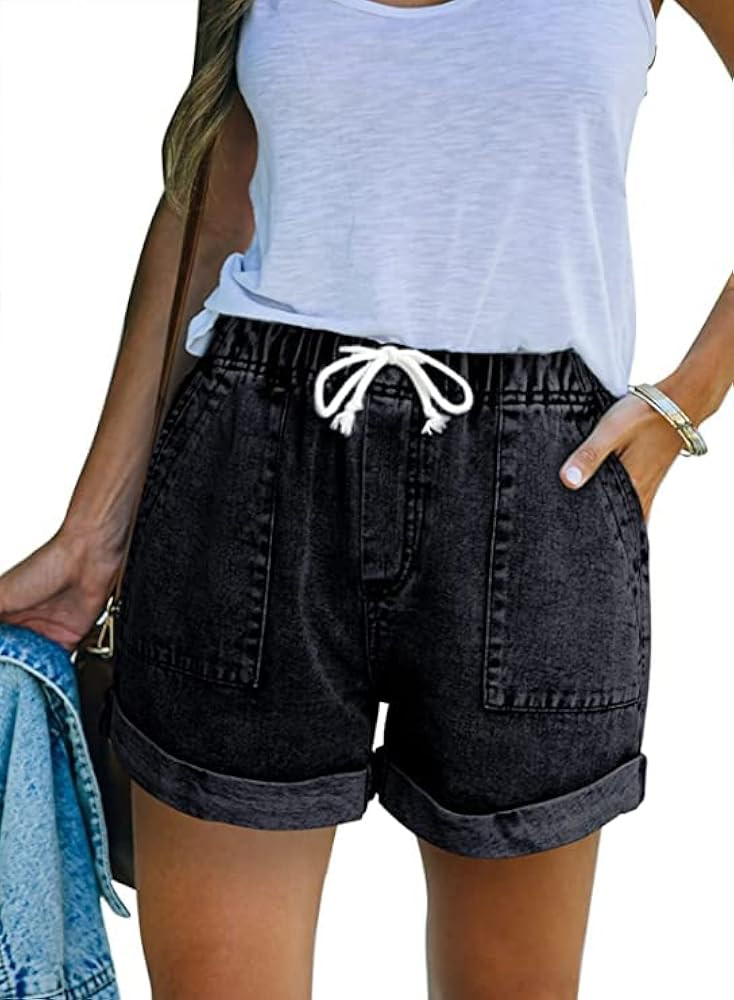 KINGFEN Women Casual Shorts Drawstring Comfy Elastic Waist Shorts Summer Pull On Short with Pocke... | Amazon (US)