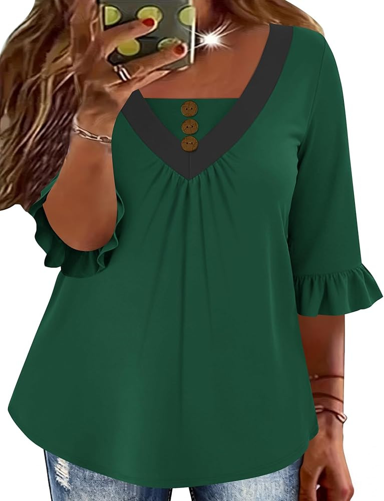 TFSDOD Womens Plus Size 3/4 Ruffle Sleeve Tunic Tops V Neck Pleated Dressy Casual Shirts Floral P... | Amazon (US)