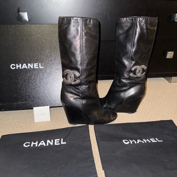 Chanel Black Women's wedge heel high Boots 8 $1325 box dust bag cover | Poshmark