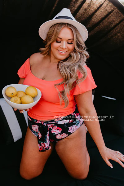 PUFF SLEEVE MIDKINI SWIM TOP IN RIBBED PEACHBERRY BY PINK DESERT | Pink Desert