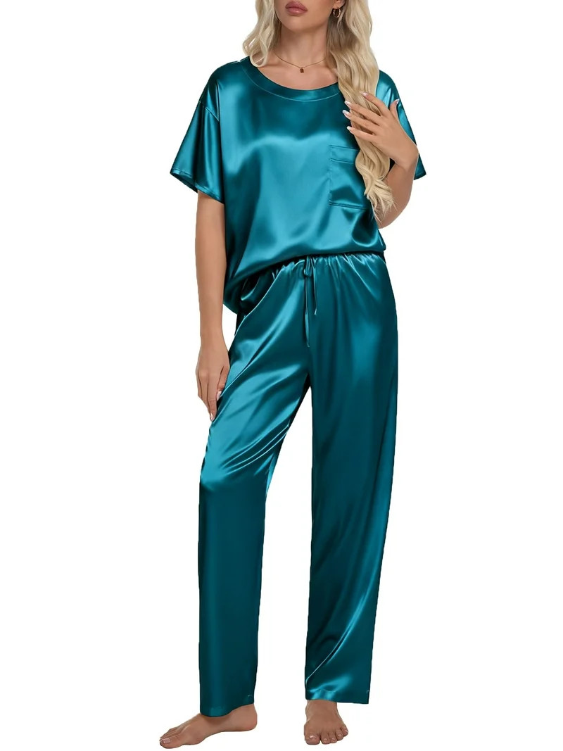 DAKIMOE Womens Silk Satin Pajama Set Short Sleeve Shirt with Long Pajamas Pant Set Two-piece Pj S... | Walmart (US)