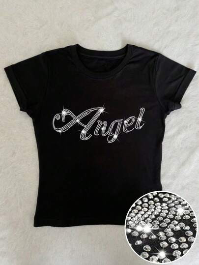 Angel Rhinestone Shiny Graphic T-Shirt, Women's Cropped Round Neck Daily Aesthetic Top, Suitable For Summer Outing | SHEIN