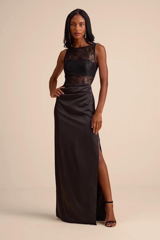 Akasha Black Sheer Lace Mixed-Media Maxi Dress | Lulus