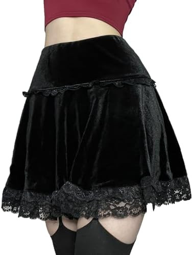 Velvet Lace Little Mini Skirts for Women High Waist Casual Ruffle Skirt Y2k Punk Goth Party | Amazon (US)