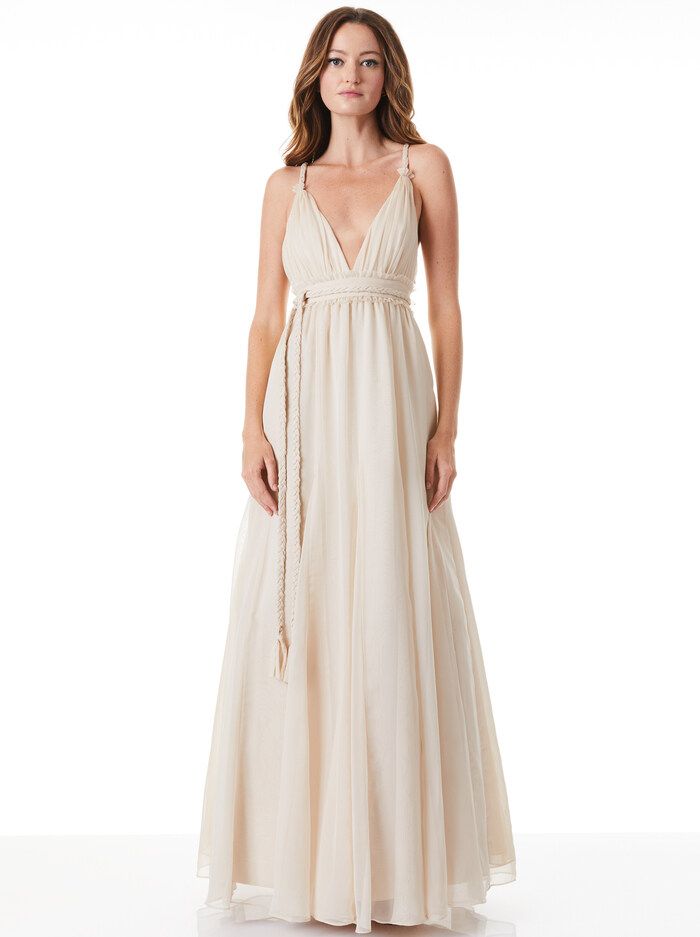 CARISA DEEP V-NECK GOWN WITH BRAIDED BELT | Alice + Olivia