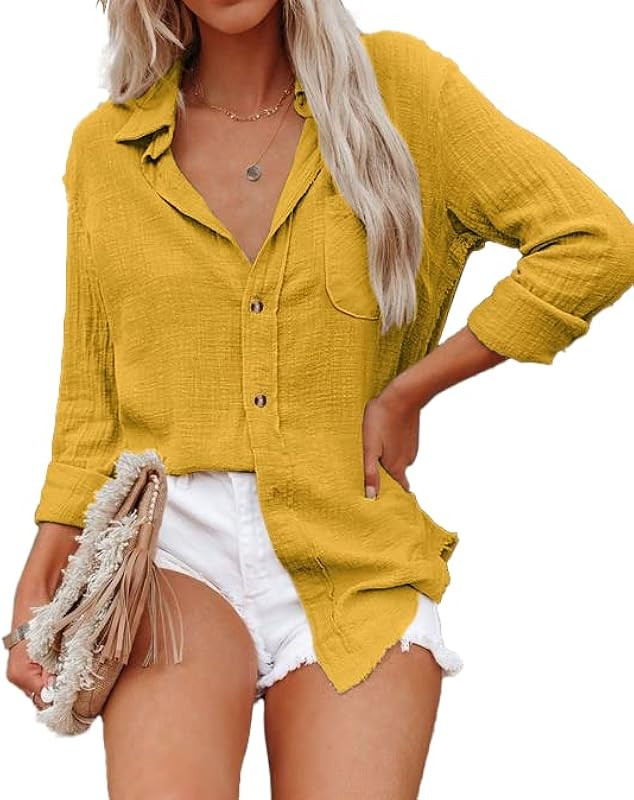 ZAAYO Women's Bamboo Cotton Linen V Neck Button Down Shirt Long/Roll Up Sleeve Casual Collared Wo... | Amazon (US)