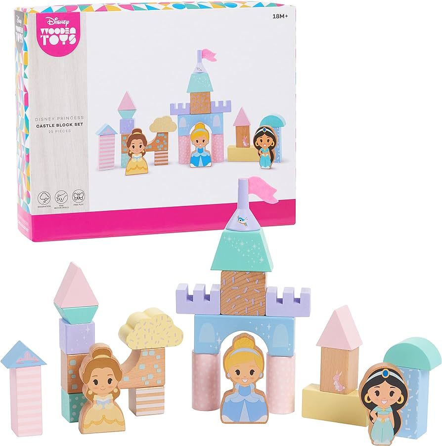 Amazon.com: Disney Wooden Toys Princess Castle Block Set, 25-Pieces Include Cinderella, Belle, an... | Amazon (US)
