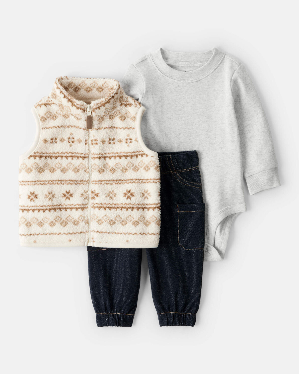 Baby Boy 3-Piece Fair Isle Sherpa Vest Outfit Set - Khaki | Carter's Inc