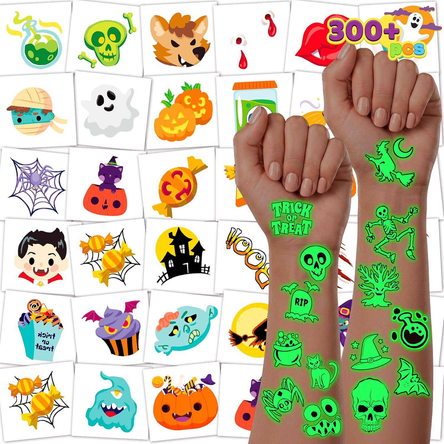JOYIN 300+ Halloween Tattoos for Kids, Glowing Temporary Tattoos in Assorted Designs Bulk for Child Trick or Treat Gifts Halloween Party Favor Decorations Goodie Bags Supplies Class Game Prizes | Amazon (US)