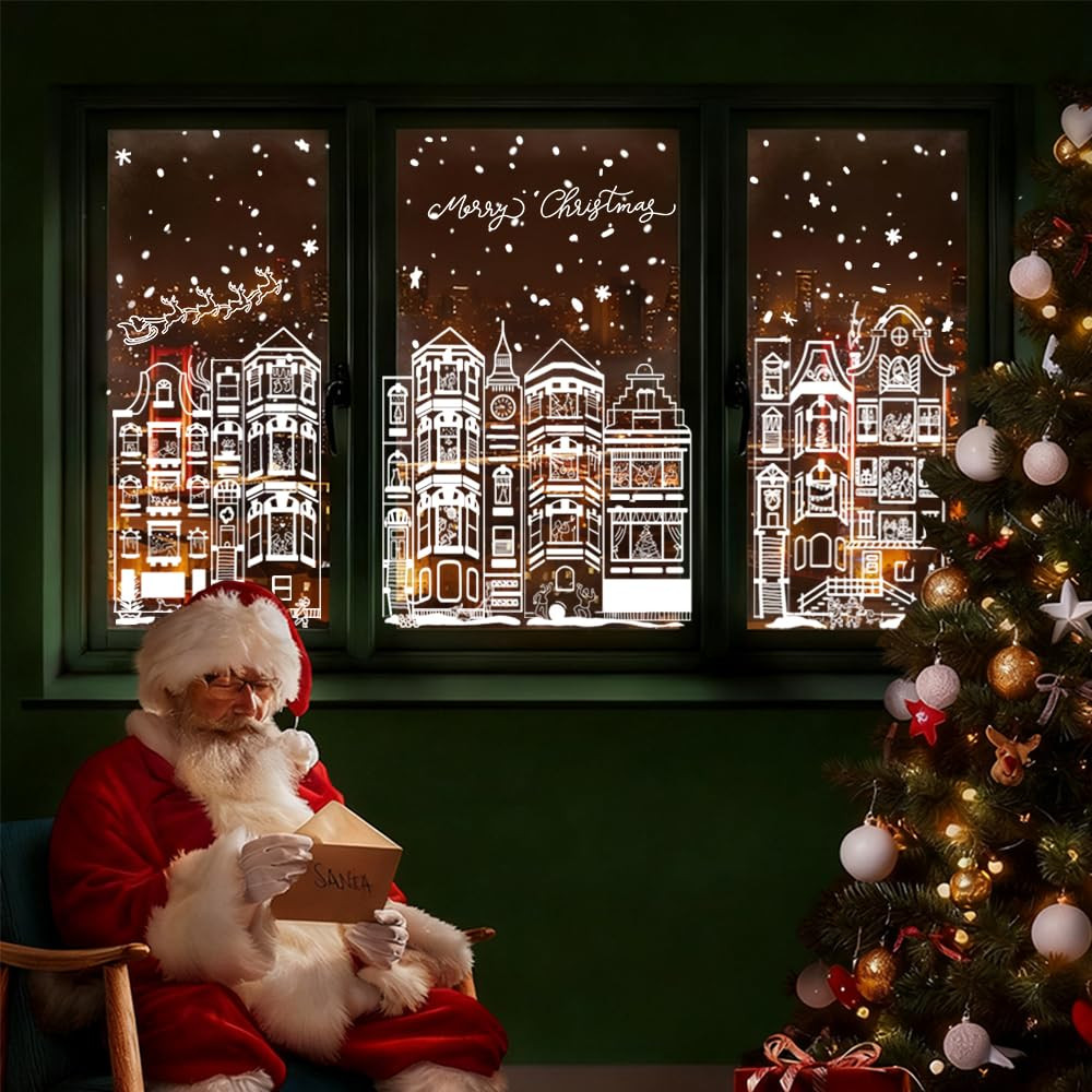 DIYDEC 15.1 * 27.3'' Large Christmas Window Clings 4Pcs Xmas White House Window Stickers for Glas... | Amazon (US)