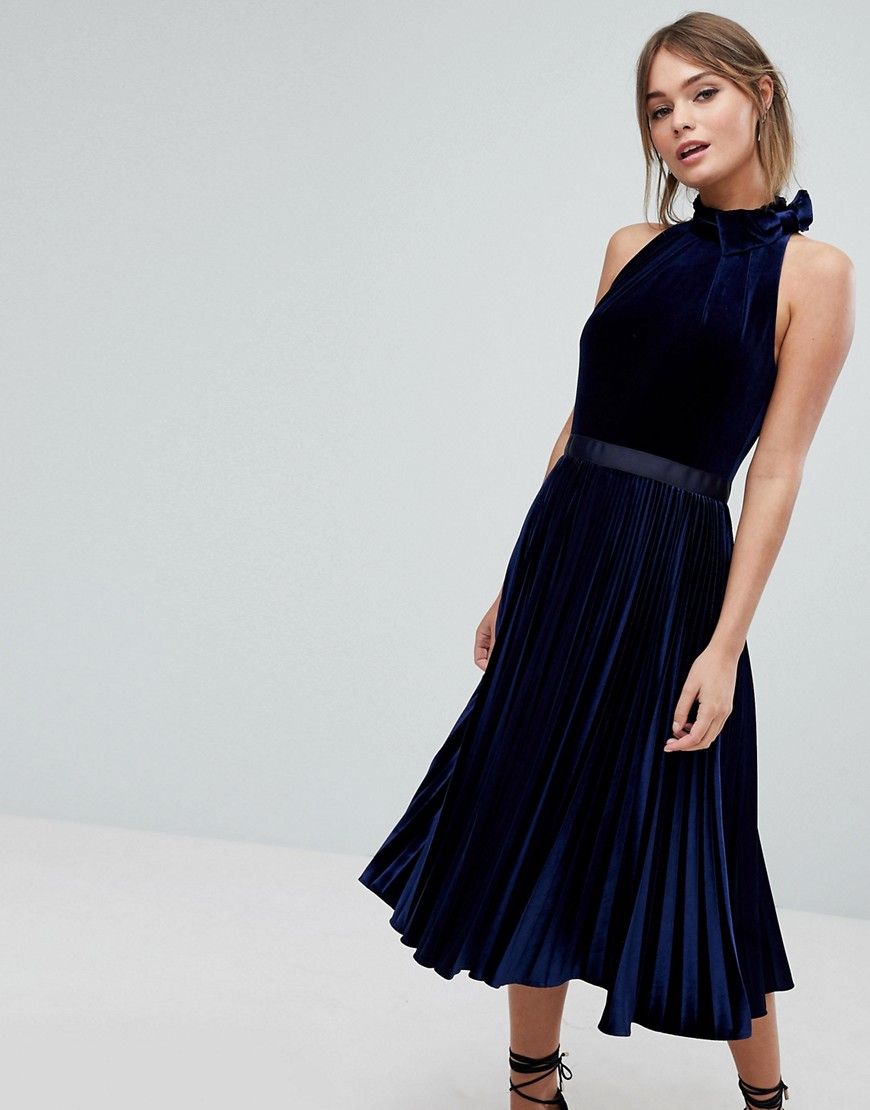 Ted Baker Pleated Midi Dress in Velvet - Dark blue | ASOS UK