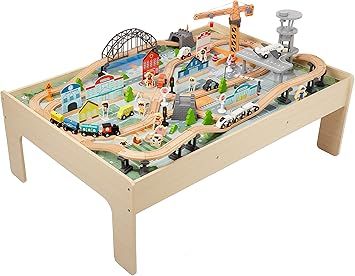 Amazon.com: Amazon Basics Wooden Train Set and Interactive Play Table for Kids, 47 x 33 x 20 Inch... | Amazon (US)