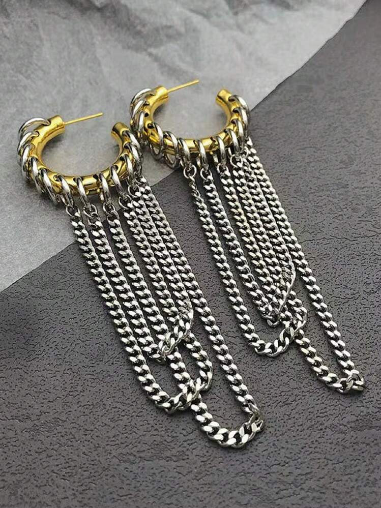 2pcs Exaggerated Long Tassel Earrings For Women European American Personalized Punk Jewelry Fashi... | SHEIN