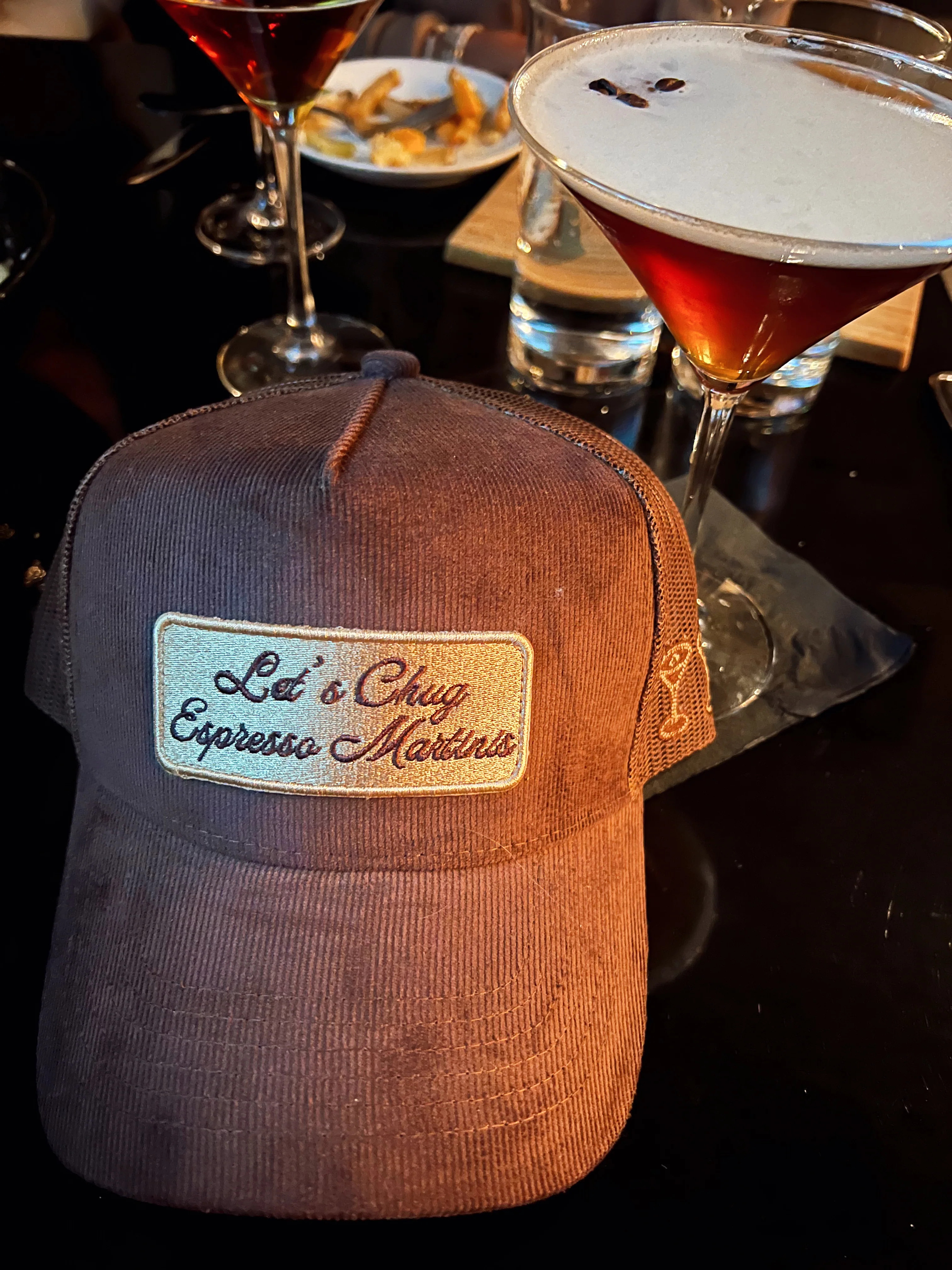 Let's Chug Espresso Martinis - Brown Corduroy Trucker Hat | KenzKustomz