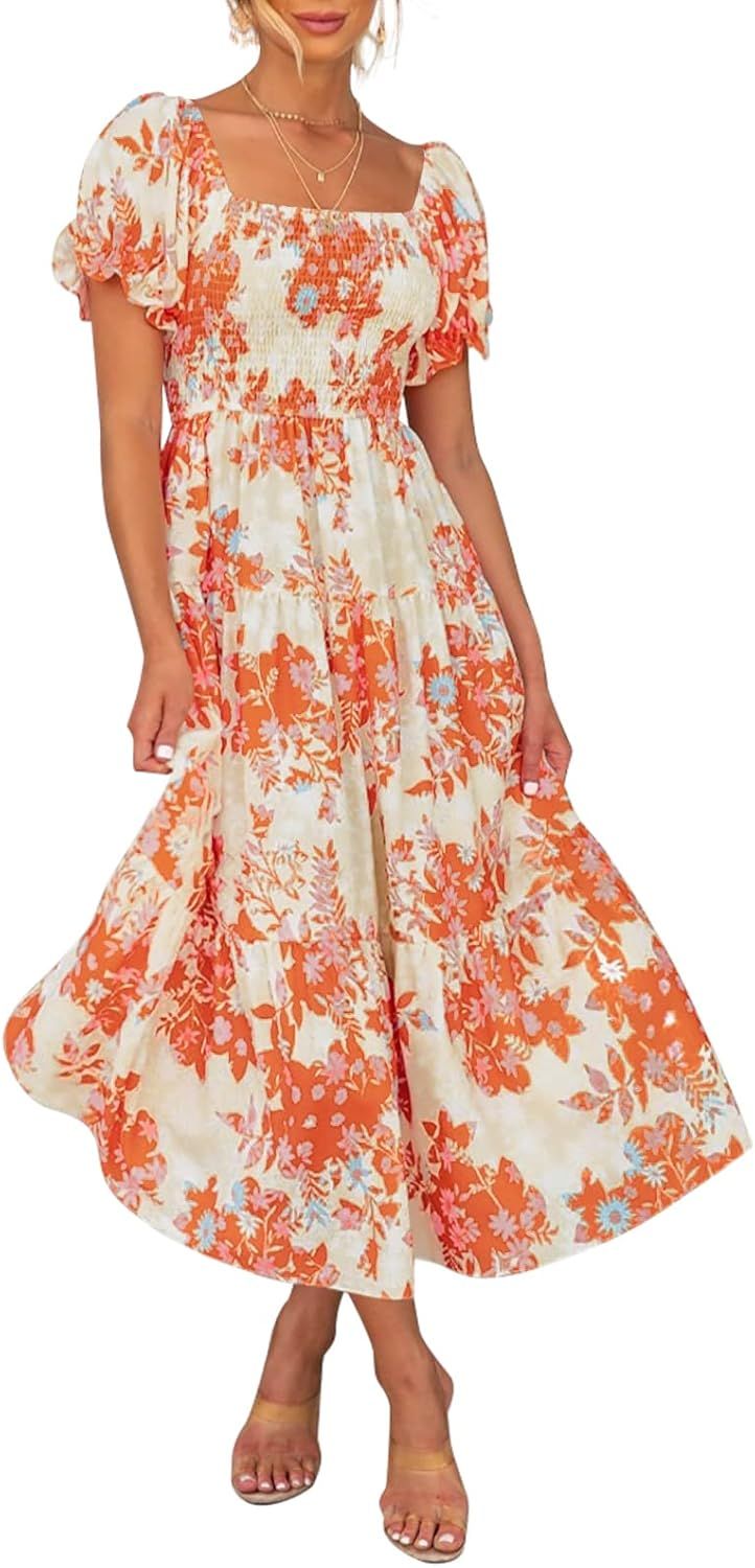 ZESICA Women's 2024 Summer Boho Floral Print Square Neck Ruffle Swing Beach Long Maxi Dress | Amazon (US)