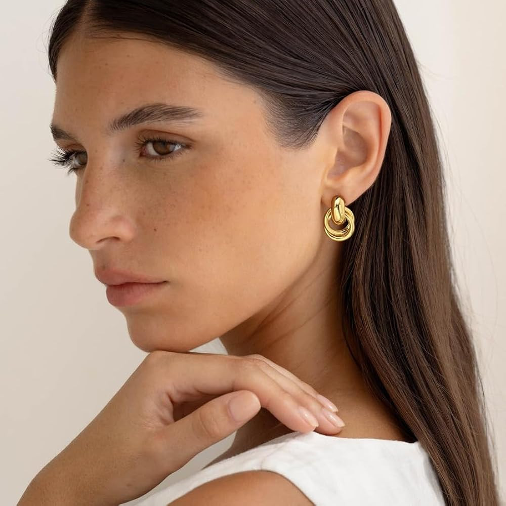 Chunky Gold Silver Earrings for Women Knot Knocker Paperclip Link 14K Plated Dangle Drop Studs Si... | Amazon (US)