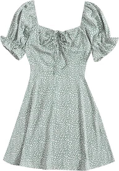 Floerns Women's Summer Drawstring Sweetheart Neck Puff Sleeve A Line Short Dress | Amazon (US)