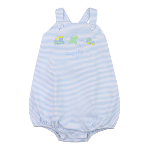Blue Knit Stripe Embroidered Transportation Bubble | Cecil and Lou