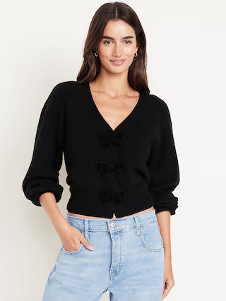 SoSoft V-Neck Bow-Front Cardigan Sweater | Old Navy (US)