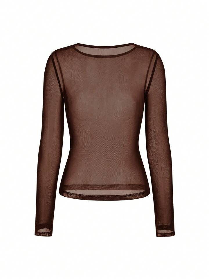 INAWLY Women's Solid Color Round Neck Long Sleeve Sexy Sheer Mesh Blouse Fall Cloth For Women | SHEIN