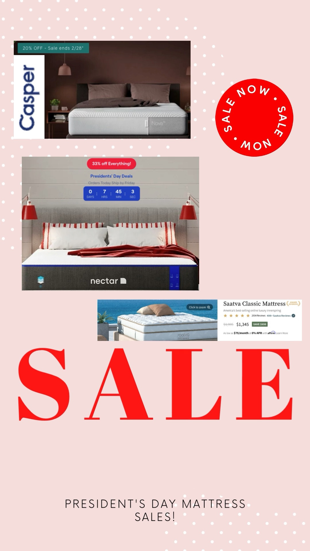 Presidents’ Day mattress sales for highly rated mattresses. Casper, nectar and saatva mattress for spring bedding refresh

#LTKGiftGuide #LTKsalealert #LTKSale