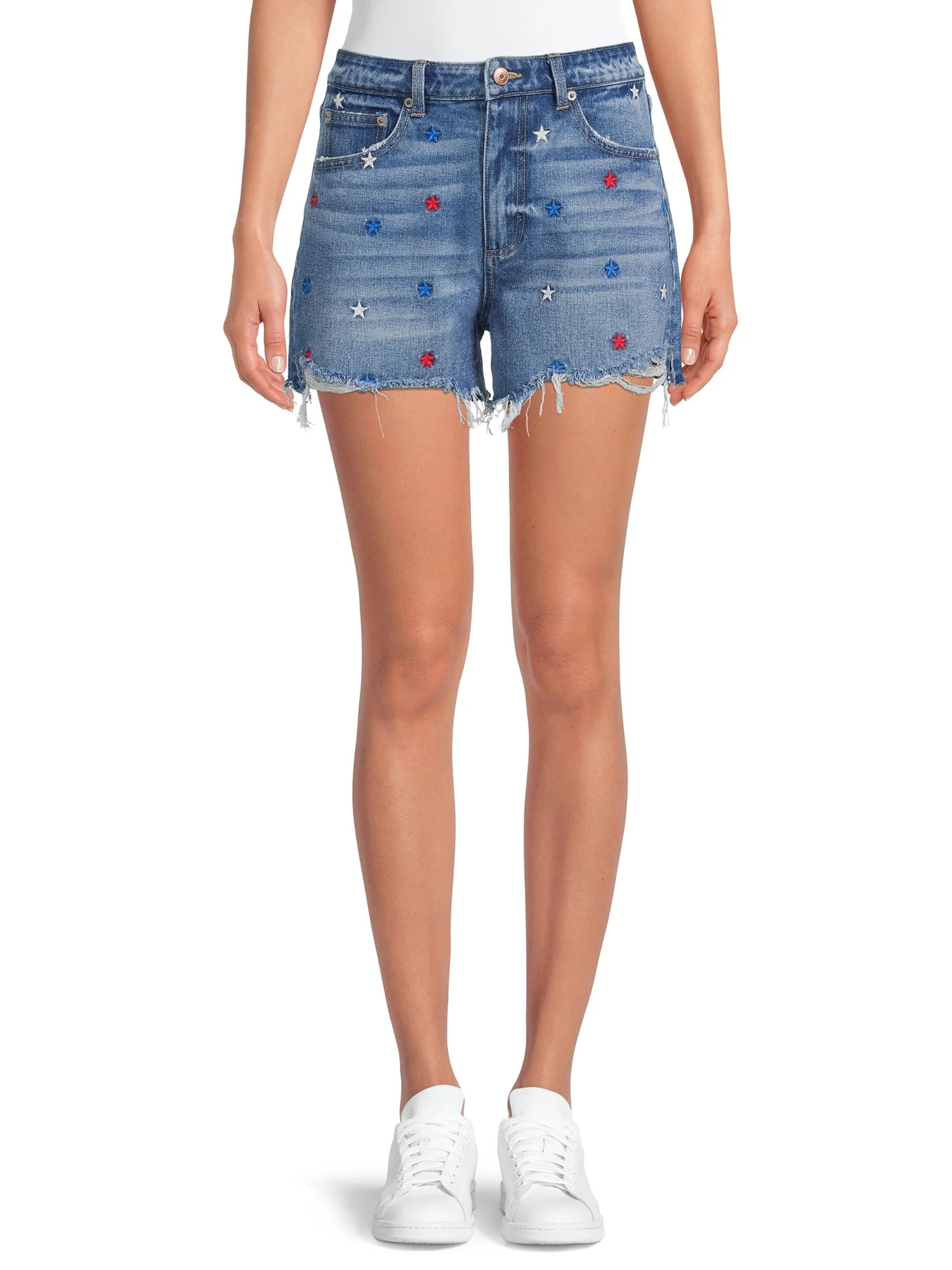 No Boundaries Juniors’ High Rise Destructed Midi Denim Shorts - Walmart.com | Walmart (US)