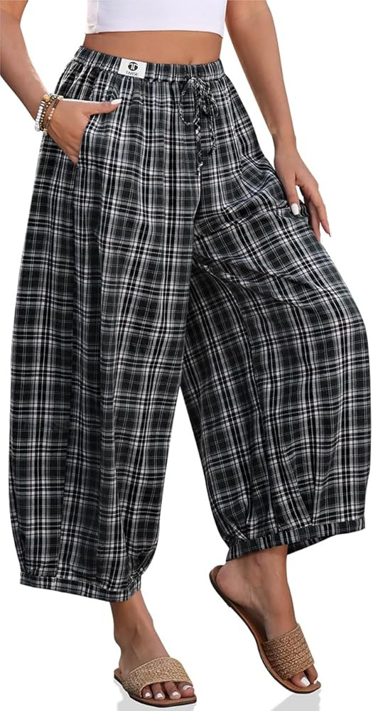 TARSE Women Cotton Linen Wide Leg Pants Plaid Loose Harem Pants Palazzo Casual Boho Summer Capri ... | Amazon (US)