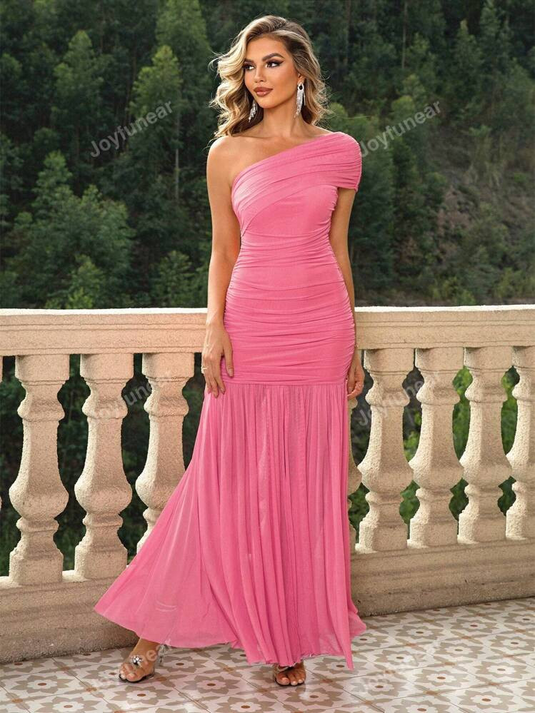 Joyfunear Asymmetrical Neck Ruched Mesh Overlay Dress Elegant Prom Semi Formal Wedding Guest Dress, For Birthday, Graduation, Homecoming Party Dress | SHEIN