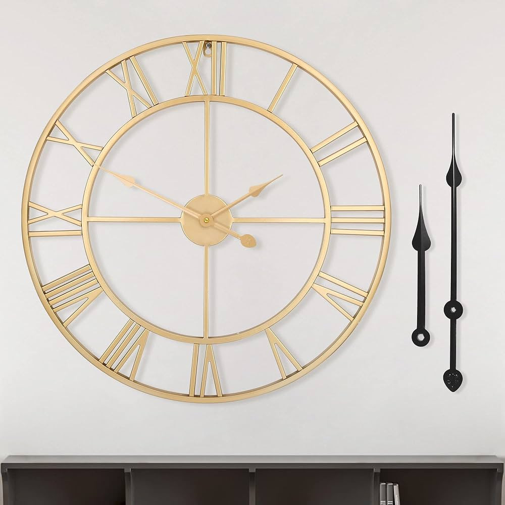 LEIKE Large Modern Wall Clocks,24" Gold Metal,Rustic,Round,Silent Non Ticking,Battery Operated Ro... | Amazon (US)