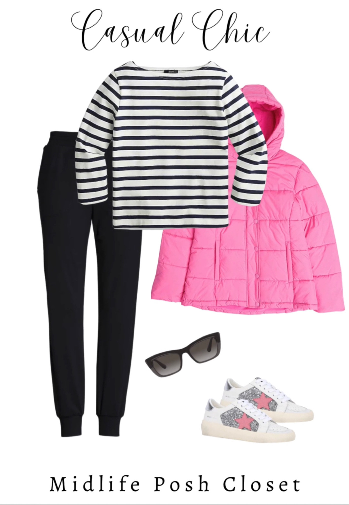 Casual Simple Chic Outfit: pink shirt puffer coat (only 67!), striped boatneck top, lined WARM joggers, sparkly sneakers. 

#LTKFind #LTKshoecrush #LTKSeasonal