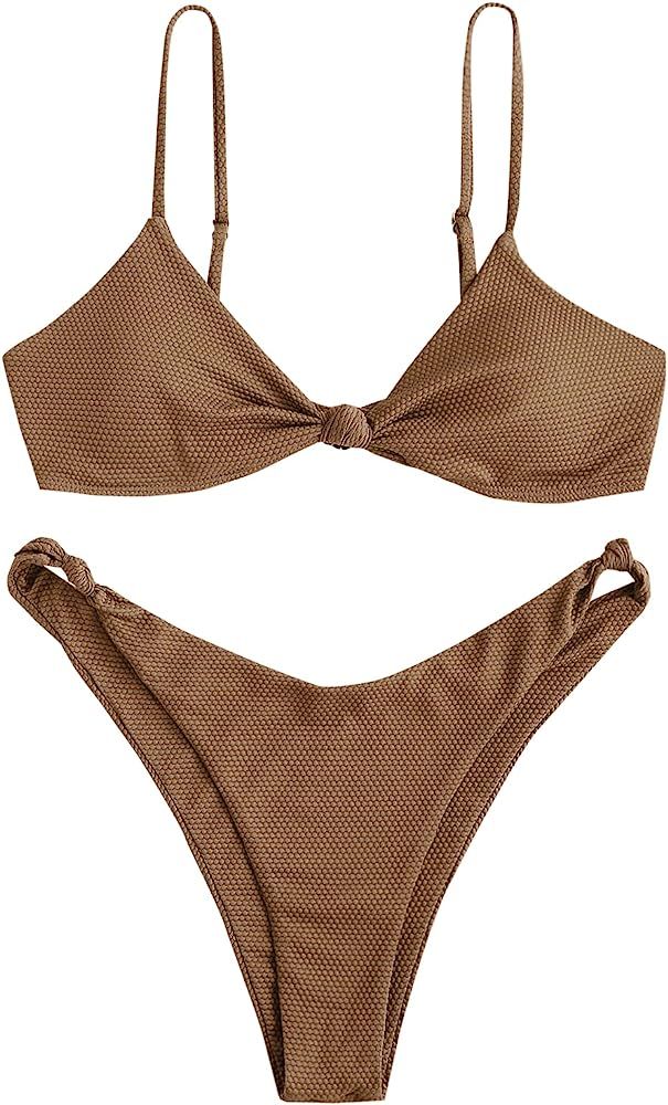 ZAFUL Women's Sexy Triangle Bikini Set Cami String Swimwear Texture High Cut Thong Swimsuit Cheek... | Amazon (US)