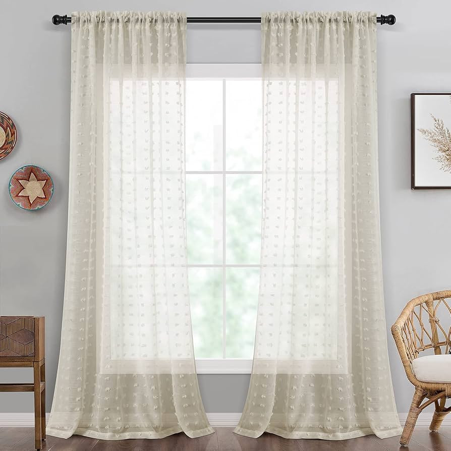 Light Beige Sheer Curtain Boho Pom Pom Textured 90 Inch Curtains 2 Panels Set Farmhouse Semi Shee... | Amazon (US)