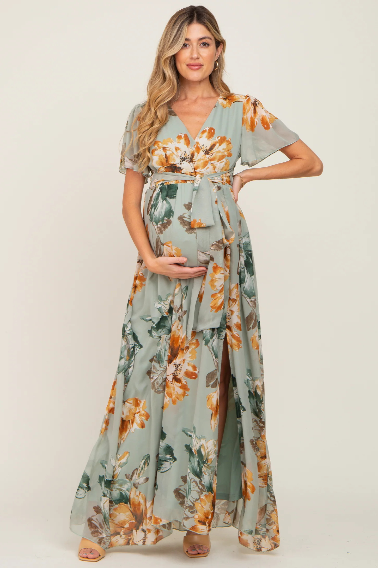 Sage Floral Chiffon Short Sleeve Maternity Maxi Dress | PinkBlush Maternity