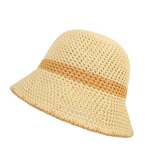 JAZTAKU Women Beige Crochet Bucket Hat Handmade Knitted Hat Fishing Hat Beach Hat Foldable Cap Solid Color Straw Summer Beach Hat | Amazon (US)