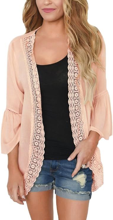 PRETTODAY Women's Ruffle Bell Sleeve Kimono Cardigans Lace Cover Up Loose Blouse Tops | Amazon (US)