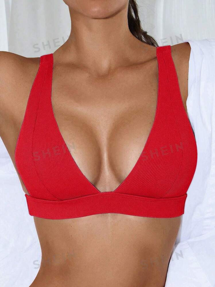 SHEIN Swim Summer Beach Plain V Neck Bikini Top | SHEIN
