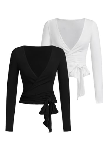 SweatyRocks Women's Pilates Outfits Wrap Tops Ballet Yoga Coquette Shirt Cute Long Sleeve Workout Activewear Black and White Medium | Amazon (US)