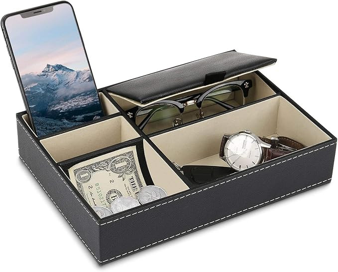 Baoyun Mens Valet Tray Organizer - Leather Nightstand Dresser Top Box with 5 Compartment for Acce... | Amazon (US)