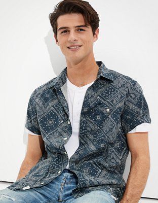 AE Bandana Short-Sleeve Button-Up Shirt | American Eagle Outfitters (US & CA)