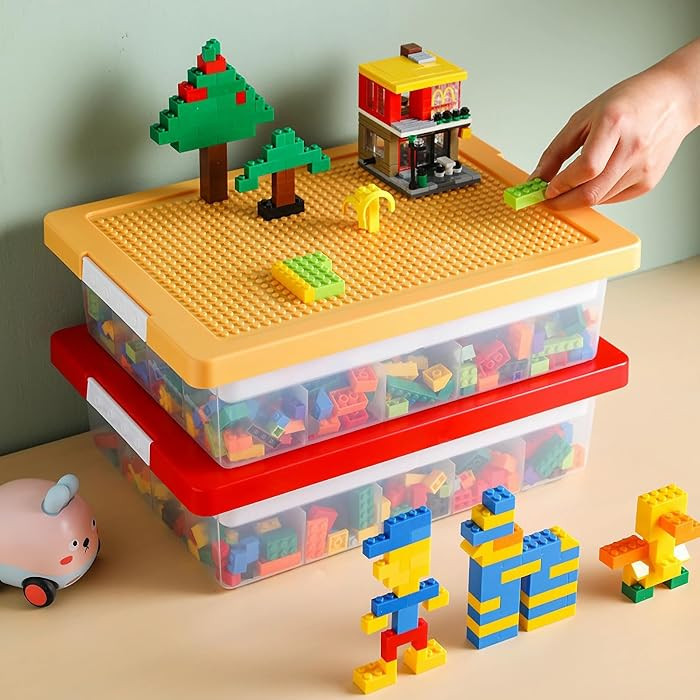 Toys Storage Organizer Box for Lego, Toy Storage Box with Building Plate Lid and Removable Tray, ... | Amazon (US)