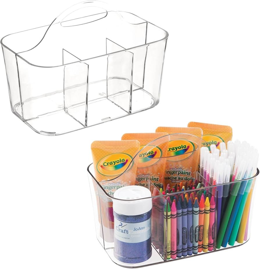 mDesign Plastic Portable Craft Storage Organizer Caddy Tote, Divided Basket Bin with Handle for Crafts, Sewing, Art Supplies - Holds Brushes, Colored Pencils - Lumiere Collection - 2 Pack - Clear | Amazon (US)