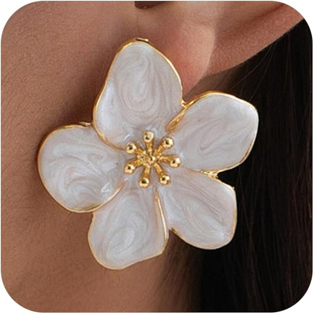 Delicate Retro White Flower Gold Stud Earrings for Women, Trendy Statement Green Floral Drop Earr... | Amazon (US)
