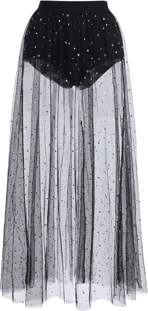 Odizli Women's Sexy 2 in 1 Sheer Mesh Shorts High Waist Glitter Sequins Star Skirt | Amazon (UK)