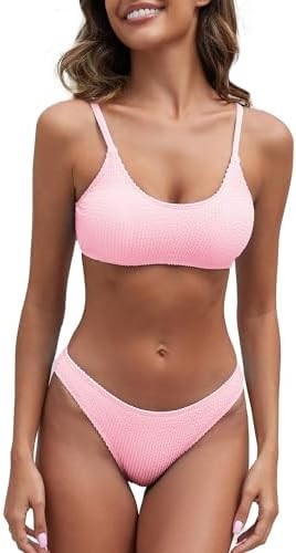 Fanuerg Women's Ribbed Bikini Sets Scoop Neck Cheeky Swimsuit Textured Two Piece Bathing Suit | Amazon (US)