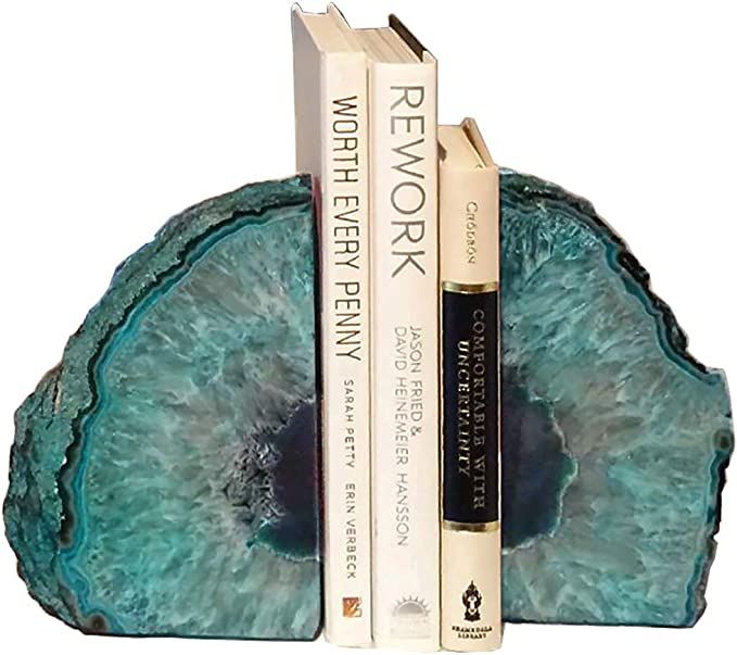 AMOYSTONE Teal Agate Bookends Geode Book Ends Heavy Duty Bookend Holder Decor with Rubber Bumpers... | Amazon (US)