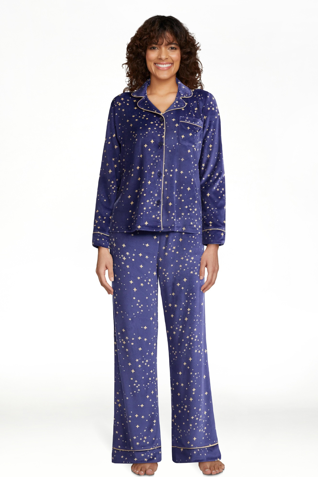 Joyspun Women’s Stretch Velour Notch Collar Long Sleeve Pajama Set, Sizes XS to 4X | Walmart (US)