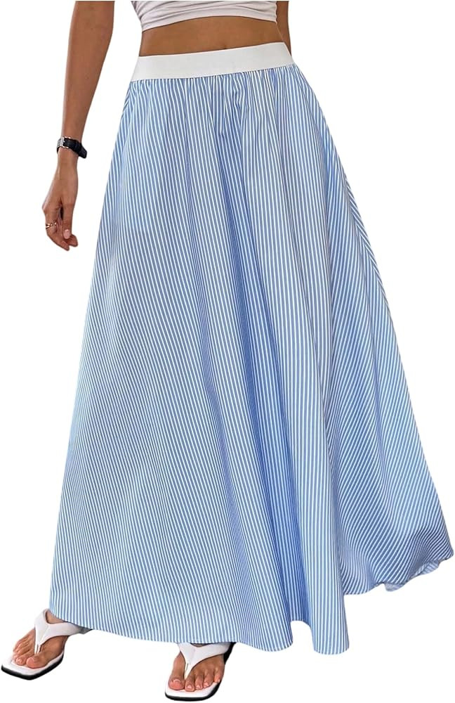 GORGLITTER Women's Striped Ruffle Long Skirt Contrast Trim High Waist Y2k Flowy Skirts | Amazon (US)