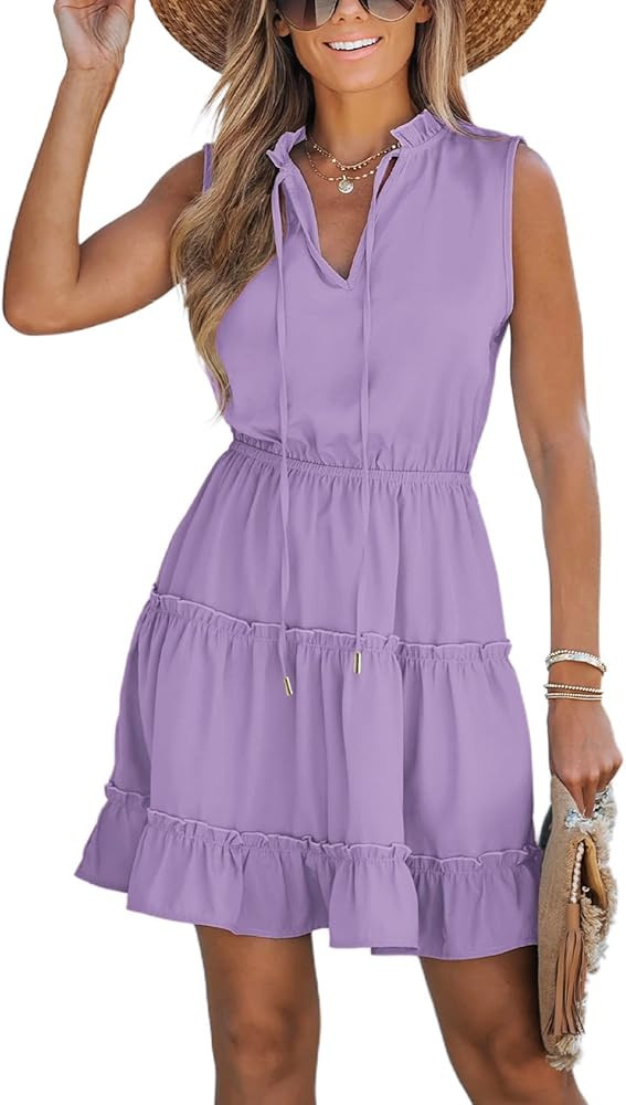 CUPSHE Womens Summer Dresses Tie Neck Sleeveless Tiered Ruffle A-Line Tunic Mini Dress | Amazon (US)