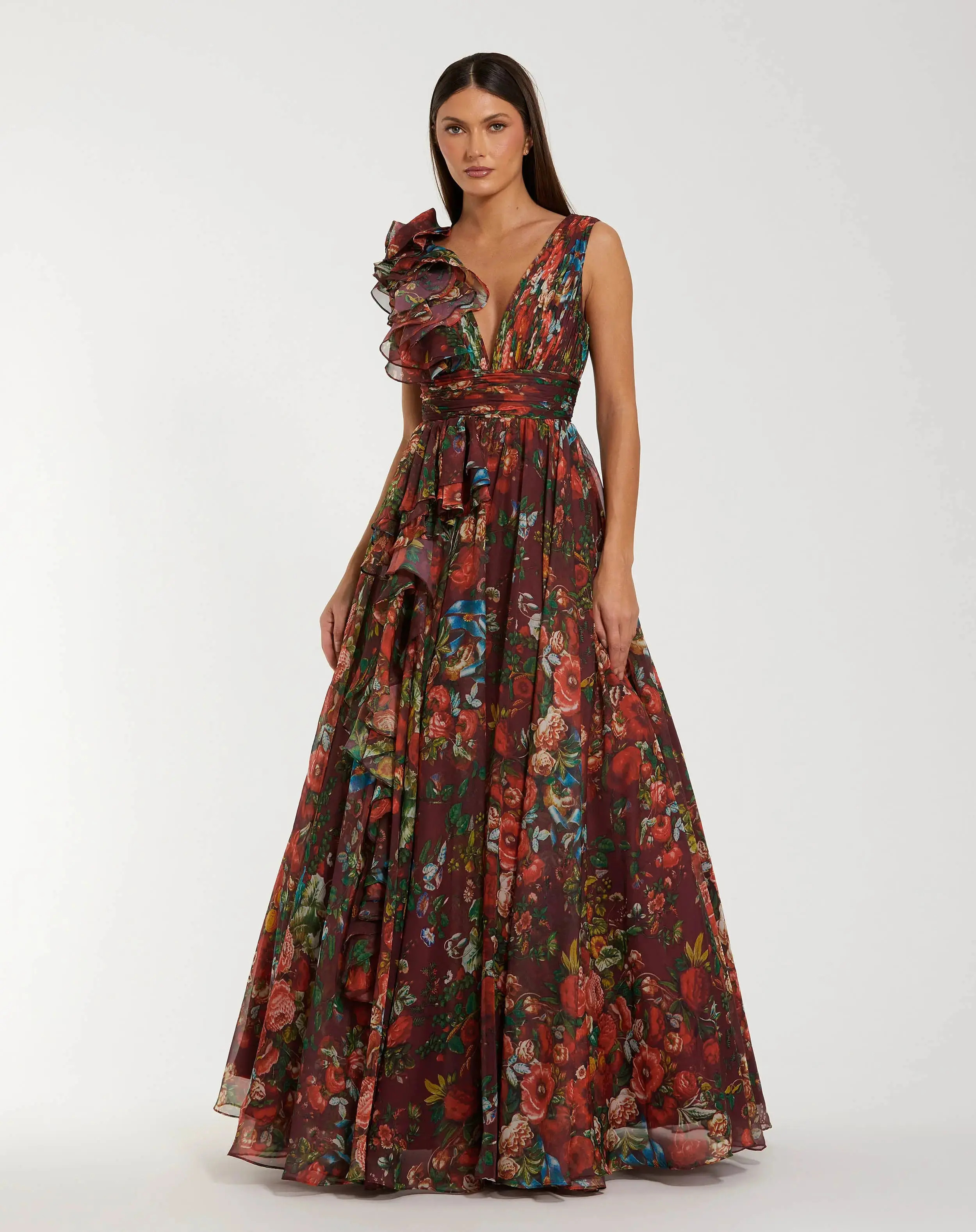 Mac Duggal - Wine Sleeveless V-Neck Floral Chiffon Ruffle Ball Gown - US 8 | Mac Duggal