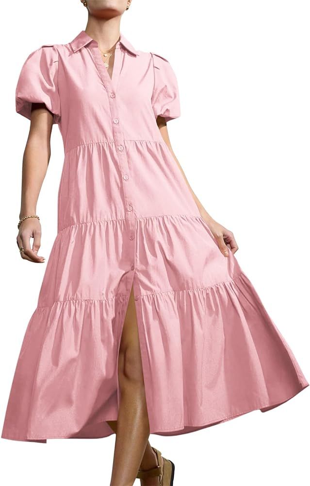 Fisoew Womens Button Down Shirt Dress Summer Casual Puff Short Sleeve V Neck Flowy Midi Dresses | Amazon (US)